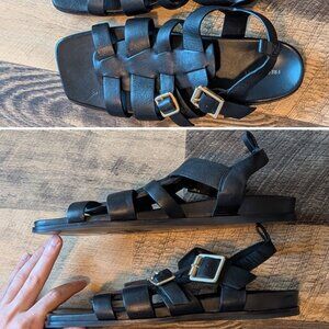 Free People Fisherman Sandals Black Leather Gold Buckles